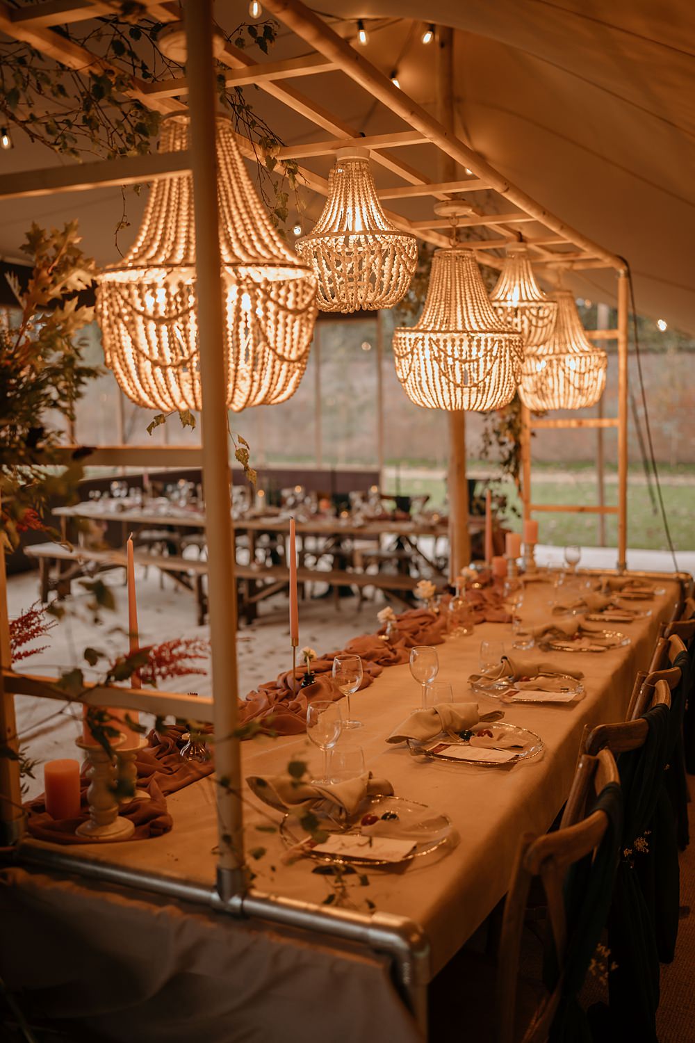 Reception Table Lights Chandeliers Decor Candles Pink Runner Walled Garden Helperby Wedding Natalie Hamilton Photography