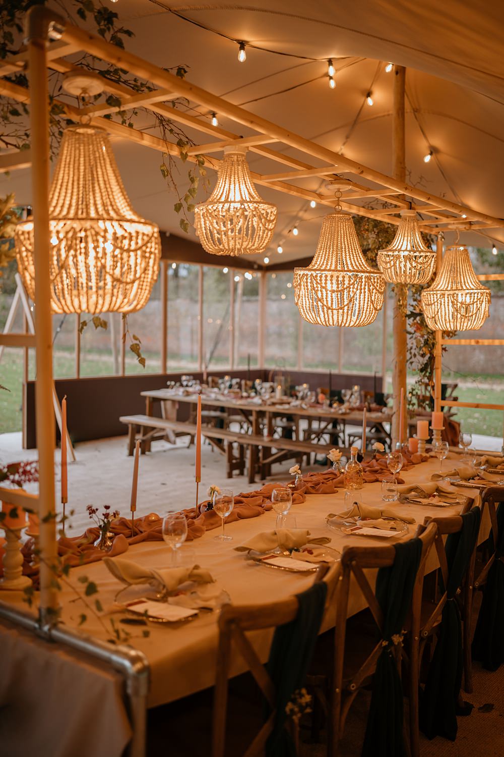 Reception Table Lights Chandeliers Decor Candles Pink Runner Walled Garden Helperby Wedding Natalie Hamilton Photography
