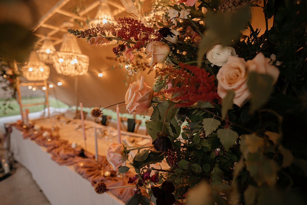 Reception Table Lights Chandeliers Decor Candles Pink Runner Walled Garden Helperby Wedding Natalie Hamilton Photography