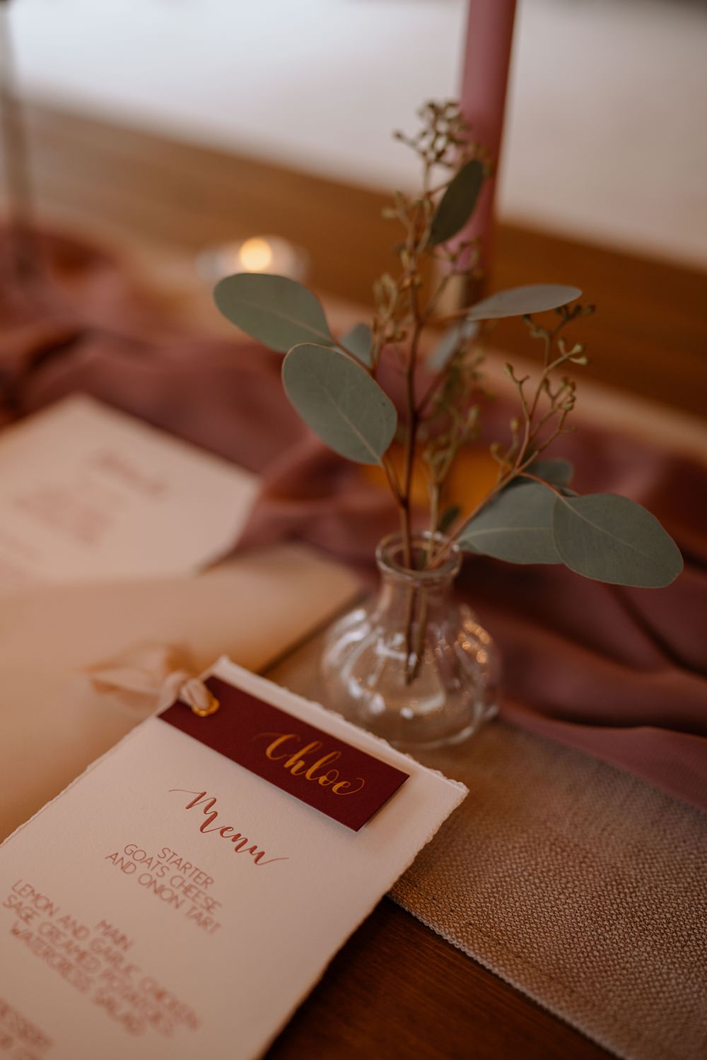 Place Setting Name Card Red Gold Walled Garden Helperby Wedding Natalie Hamilton Photography