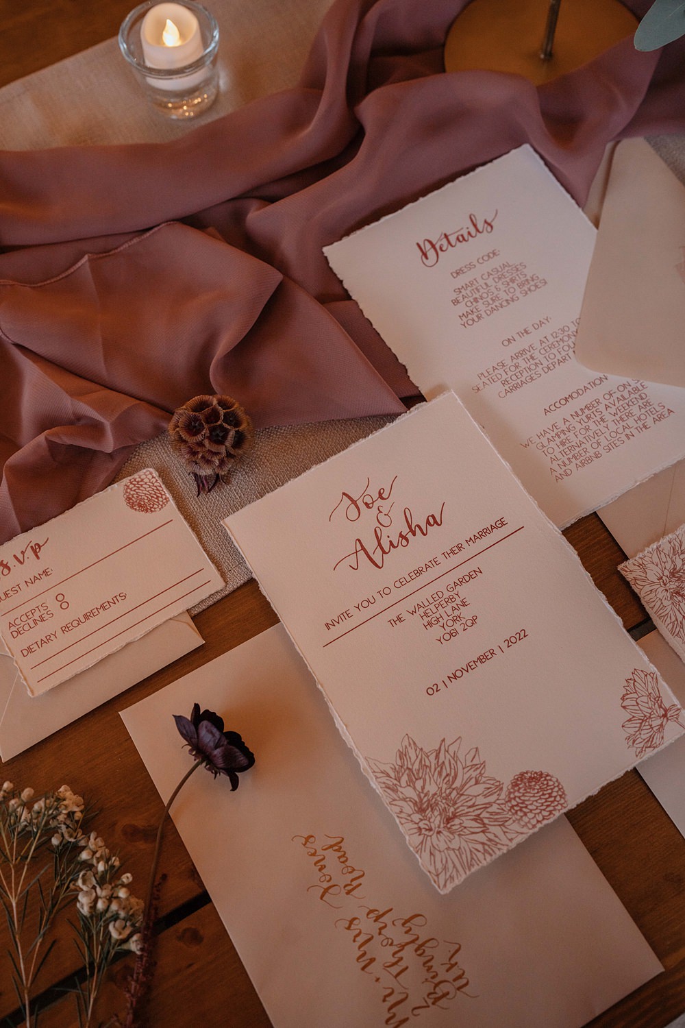 Pink Floral Stationery Invite Walled Garden Helperby Wedding Natalie Hamilton Photography