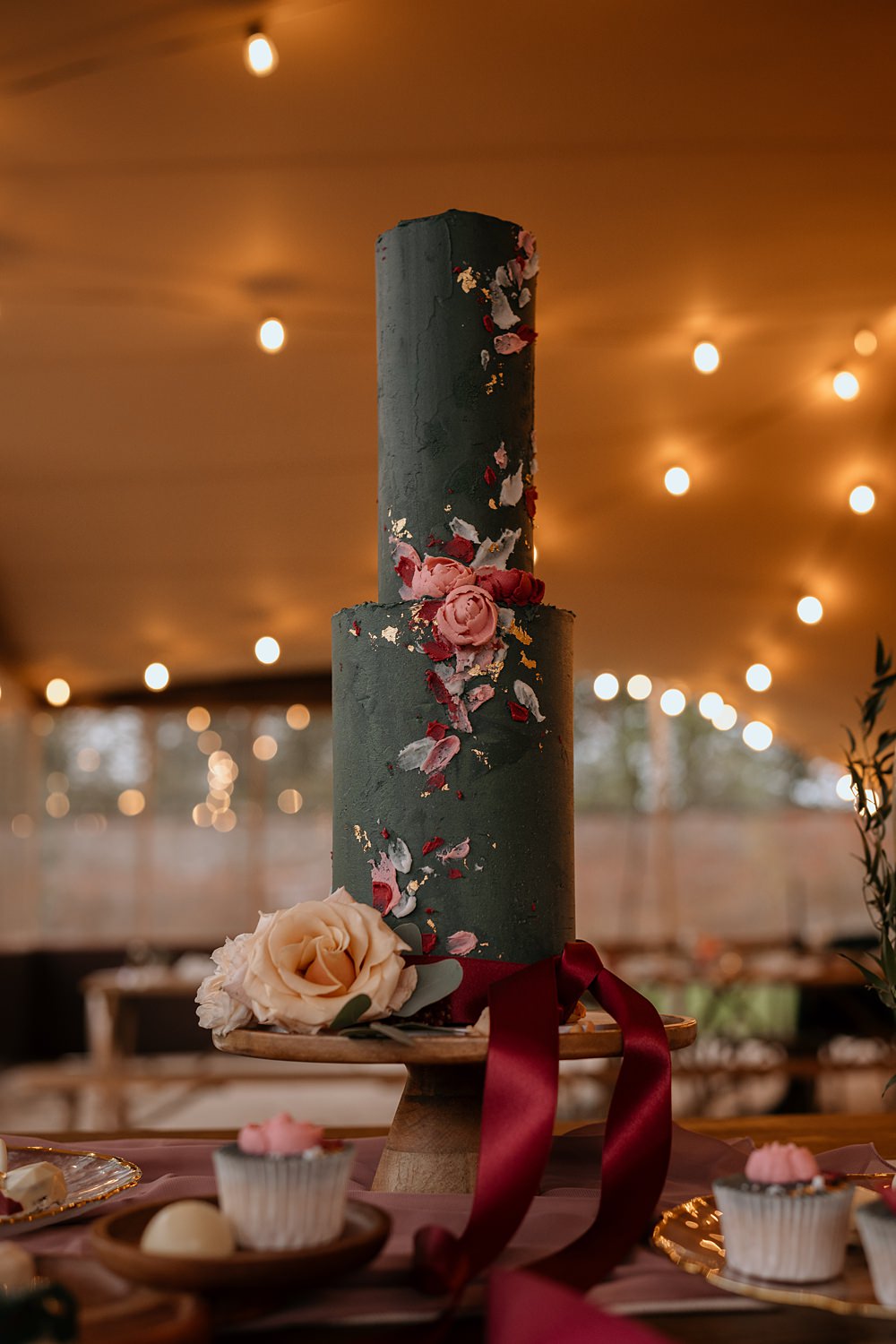 Green Gold Tall Floral Cake 2 Tier Walled Garden Helperby Wedding Natalie Hamilton Photography