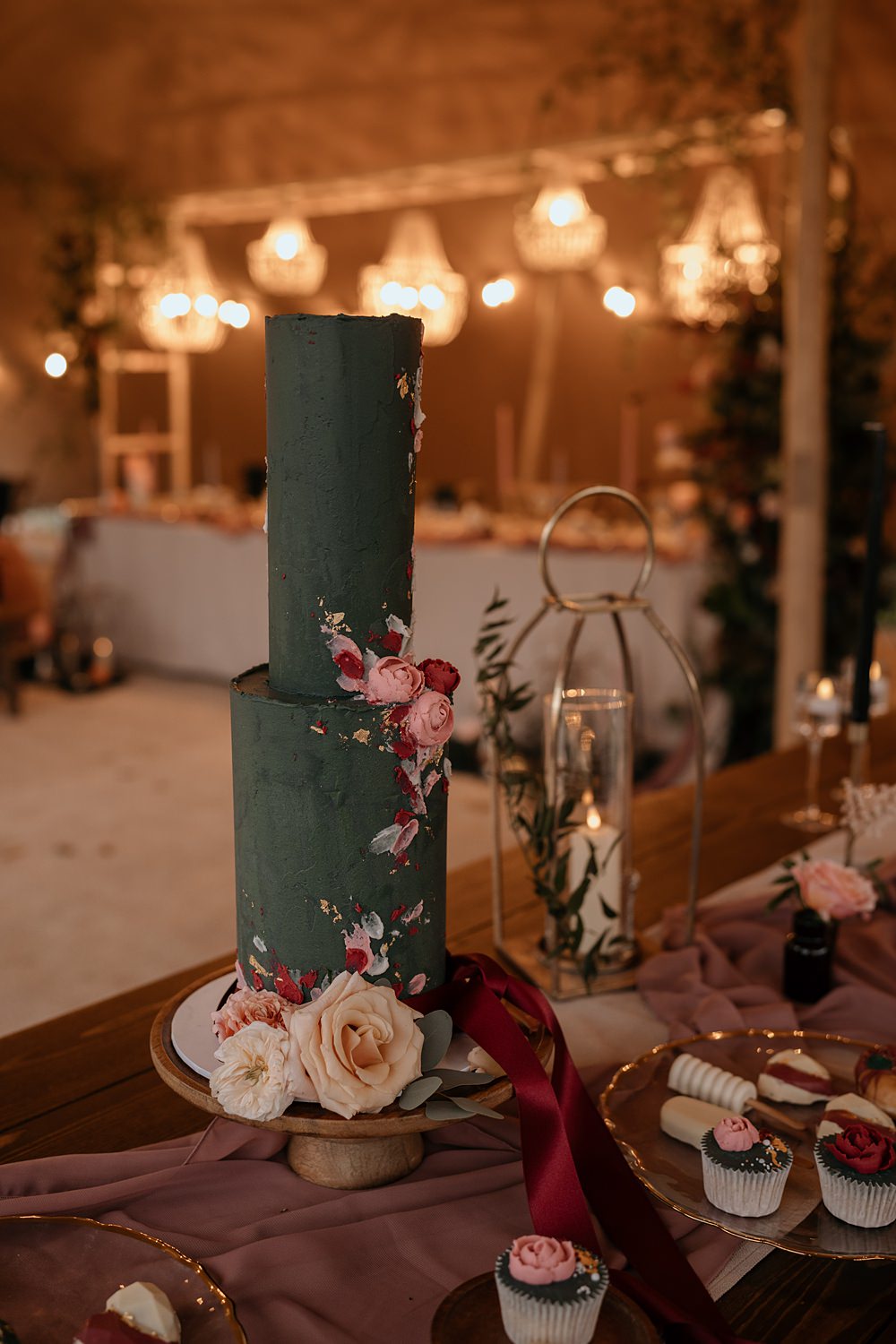 Green Gold Tall Floral Cake 2 Tier Walled Garden Helperby Wedding Natalie Hamilton Photography