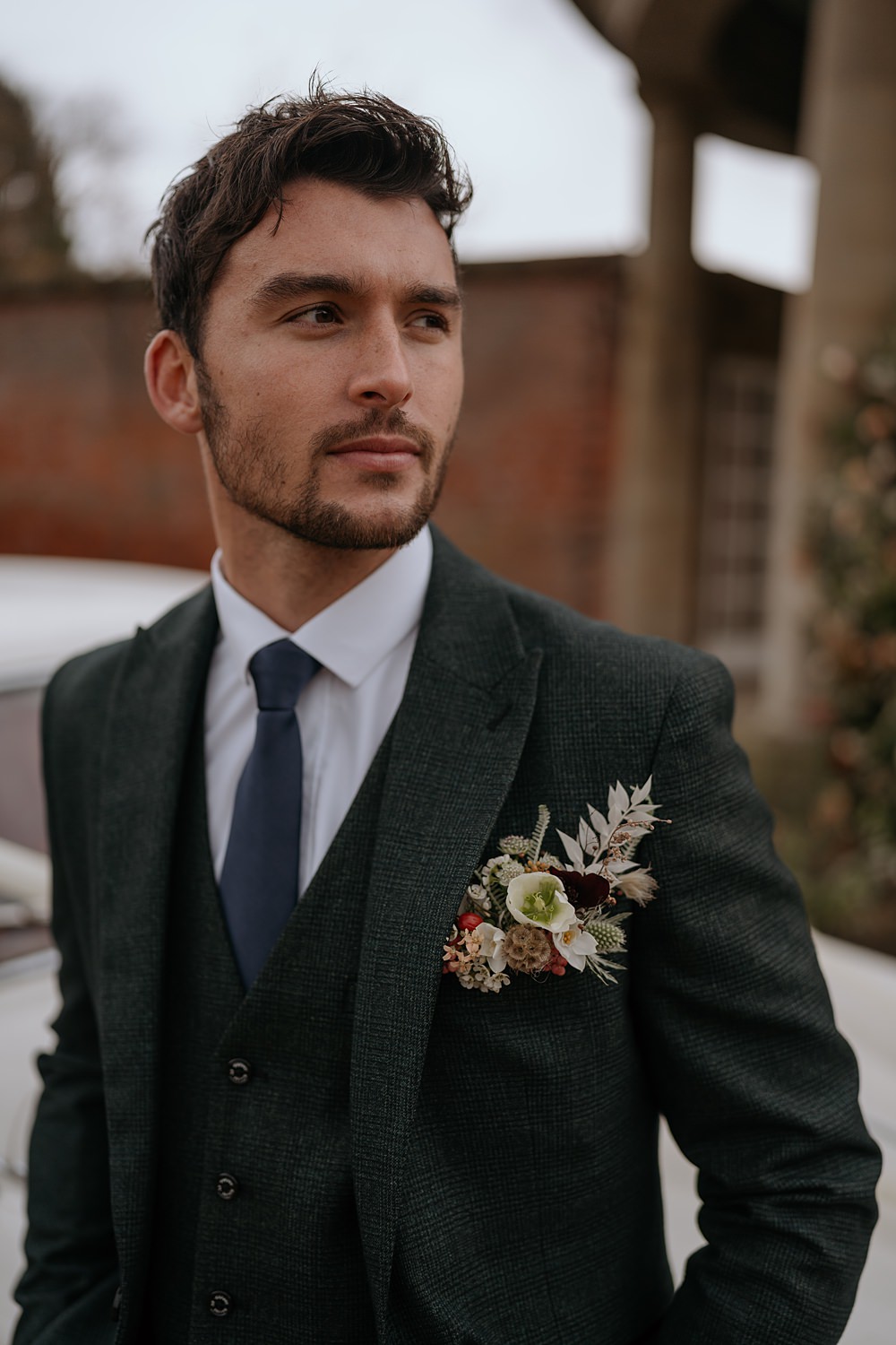 Groom Suit Tie Navy Buttonhole Pocket Flowers Walled Garden Helperby Wedding Natalie Hamilton Photography