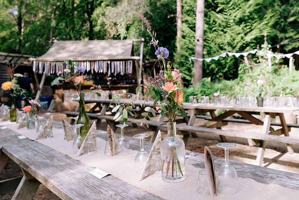 Long Wooden Table Flowers Bottles Hessian Runner Burlap Wilderness Wood Wedding Kerrie Wood Photography