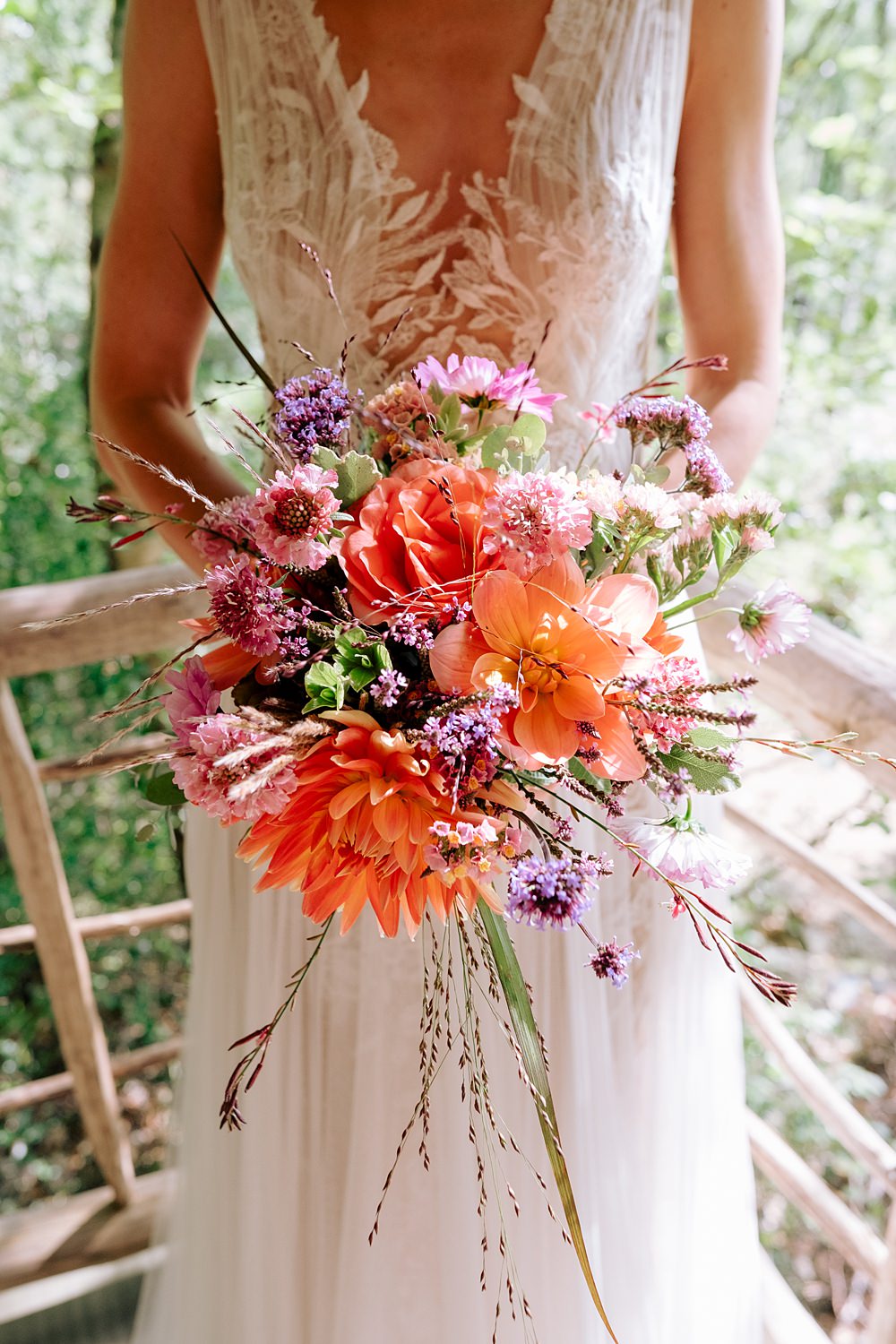 Bride Bouquet Bright Colourful Dahlia Cosmos Verbena Wilderness Wood Wedding Kerrie Wood Photography