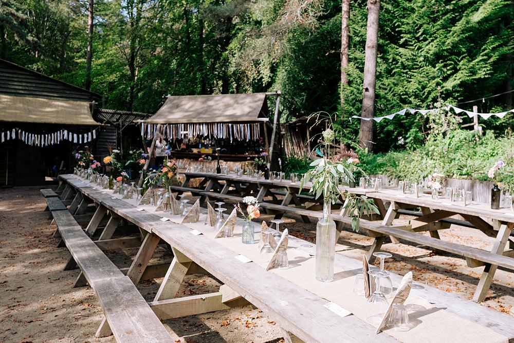 Long Wooden Table Flowers Bottles Hessian Runner Burlap Wilderness Wood Wedding Kerrie Wood Photography