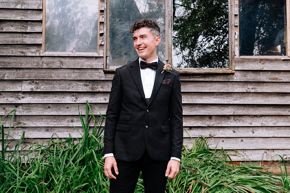 Black Suit Bow Tie Tuxedo Groom Wilderness Wood Wedding Kerrie Wood Photography
