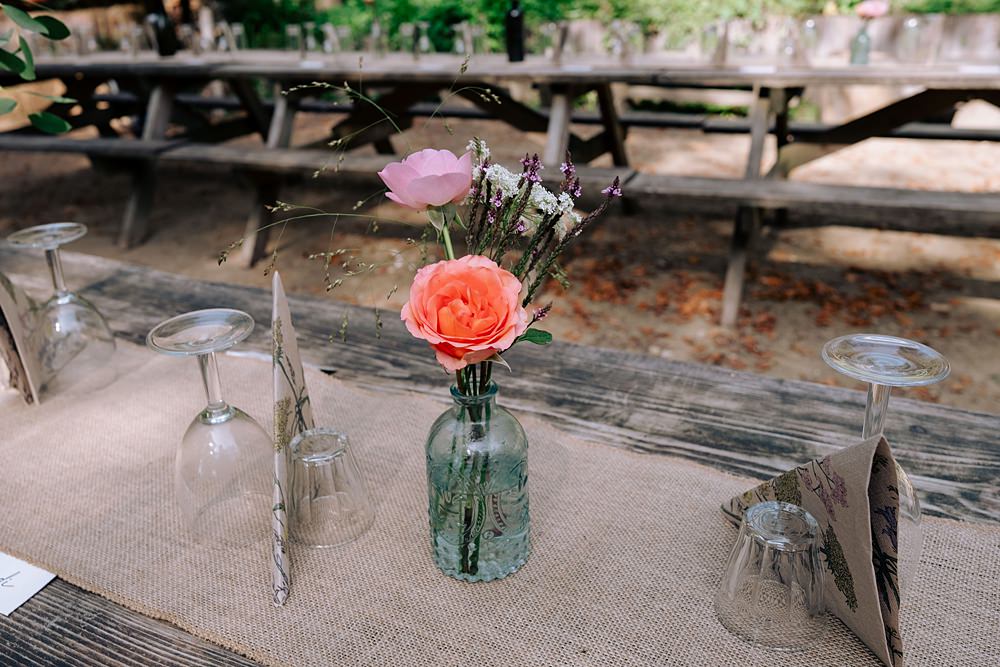 Long Wooden Table Flowers Bottles Hessian Runner Burlap Wilderness Wood Wedding Kerrie Wood Photography