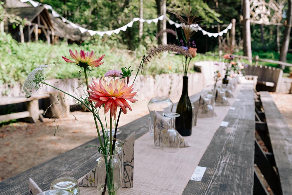 Long Wooden Table Flowers Bottles Hessian Runner Burlap Wilderness Wood Wedding Kerrie Wood Photography