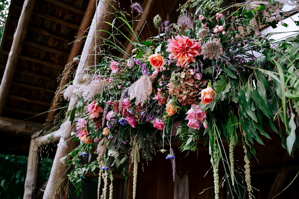 Colourful Ceremony Flower Hanging Cloud Wilderness Wood Wedding Kerrie Wood Photography