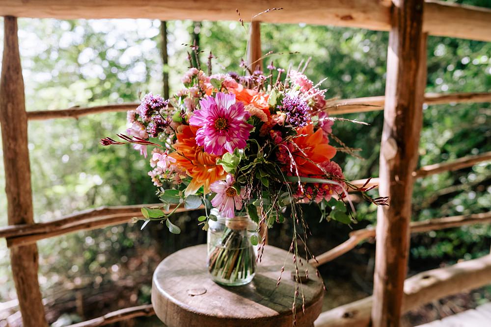Bride Bouquet Bright Colourful Dahlia Cosmos Verbena Wilderness Wood Wedding Kerrie Wood Photography
