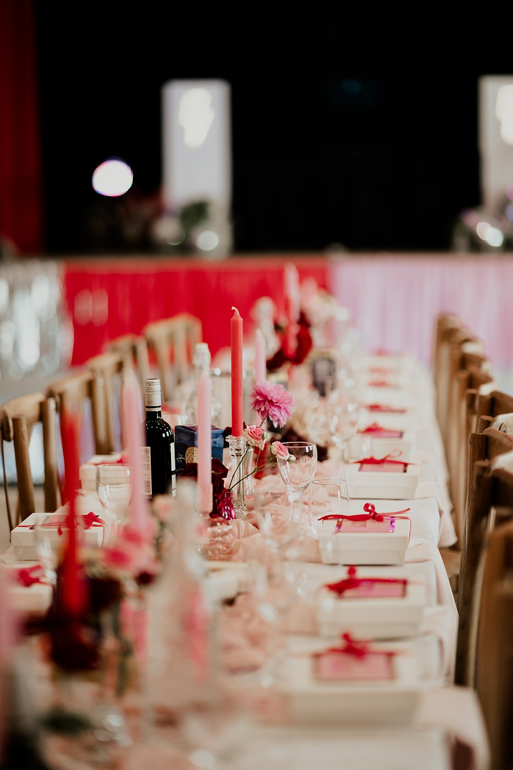 70s Disco Wedding Bubear Photography Red Pink Candles Table Decor