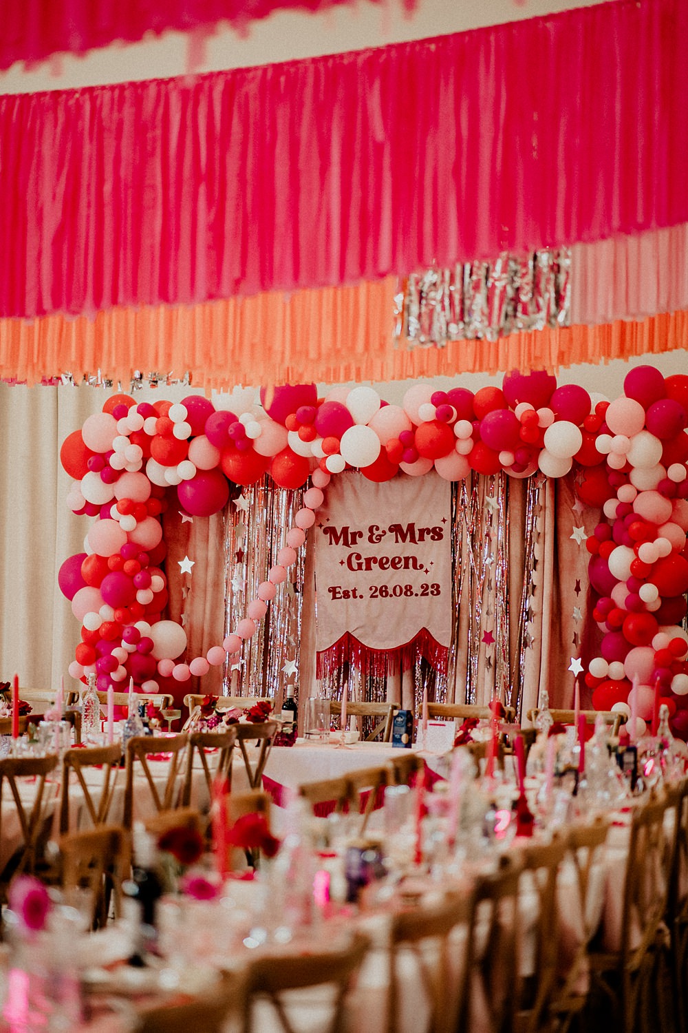 70s Disco Wedding Bubear Photography Top Table Banner Balloons Tassels Pink Red