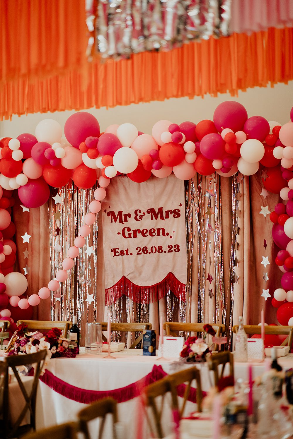70s Disco Wedding Bubear Photography Top Table Banner Balloons Tassels Pink Red