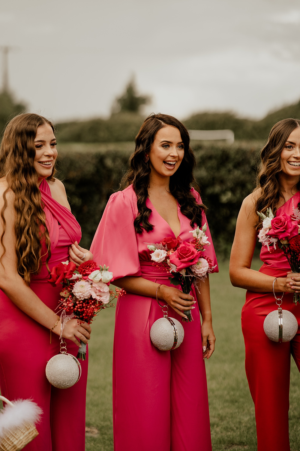 70s Disco Wedding Bubear Photography Bridesmaids Pink Red Dresses Jumpsuits