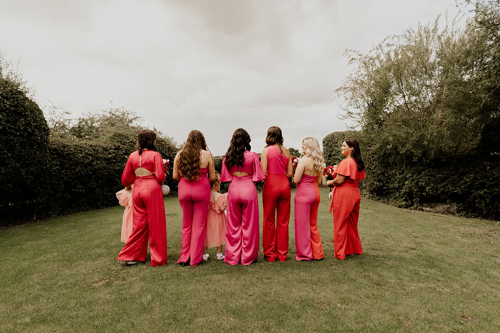 70s Disco Wedding Bubear Photography Bridesmaids Pink Red Dresses Jumpsuits