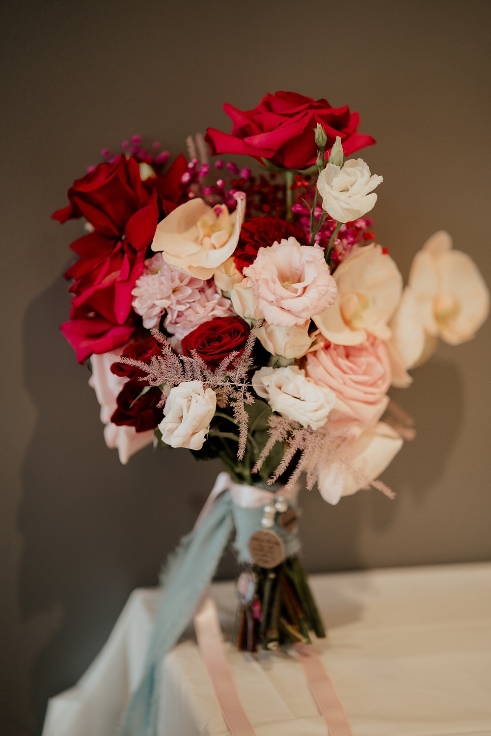 70s Disco Wedding Bubear Photography Bouquet Flowers Bride Red White Pink Rose