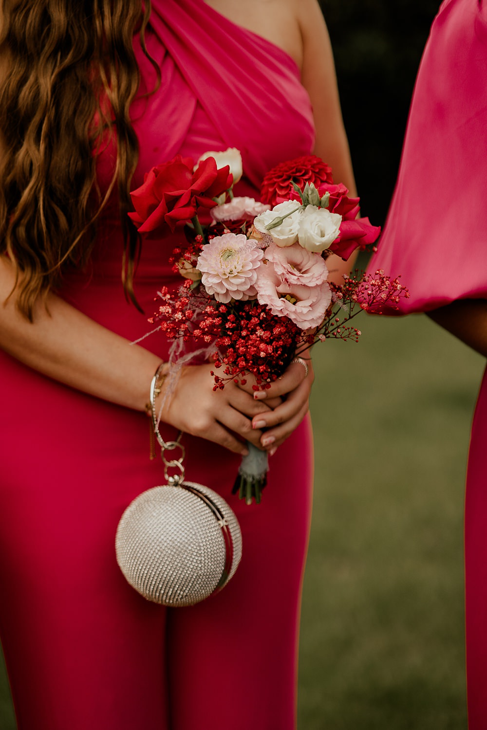 70s Disco Wedding Bubear Photography Bridesmaid Bouquet Pink Red Bag