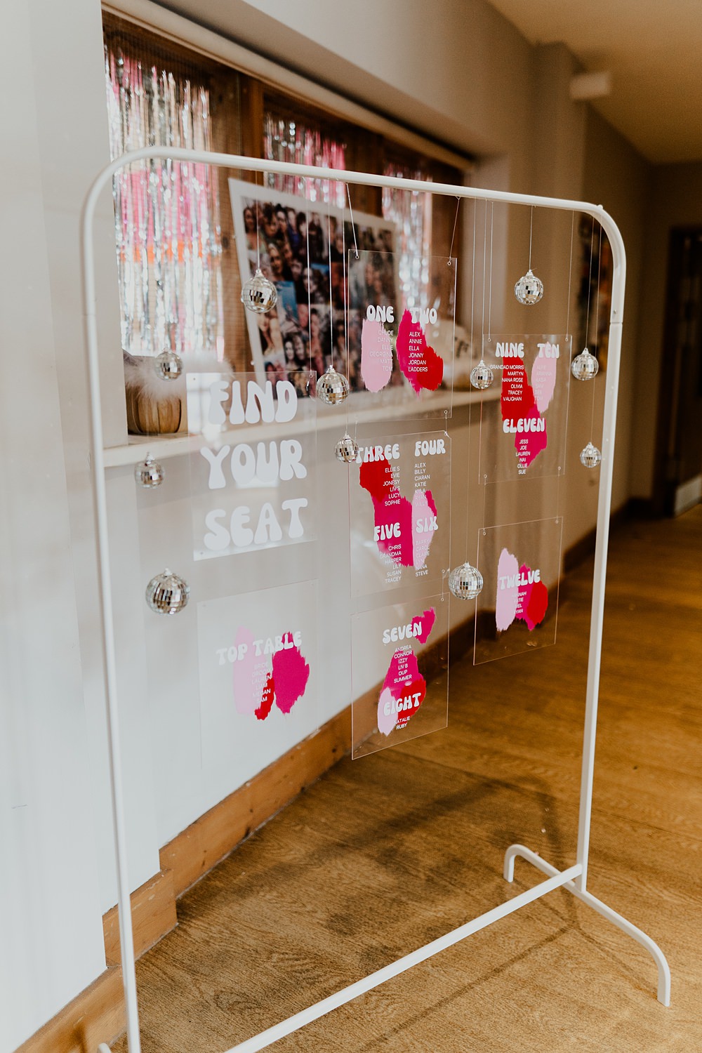 70s Disco Wedding Bubear Photography Frame Acrylic Table Plan Pink Red