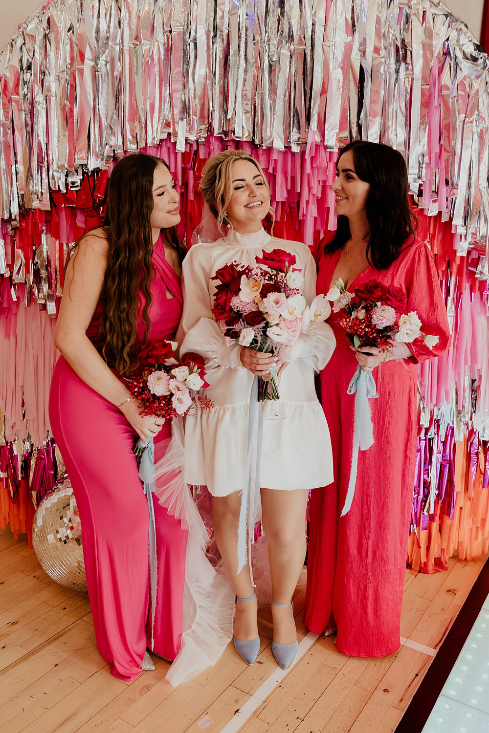 70s Disco Wedding Bubear Photography Bridesmaids Pink Red Dresses Jumpsuits