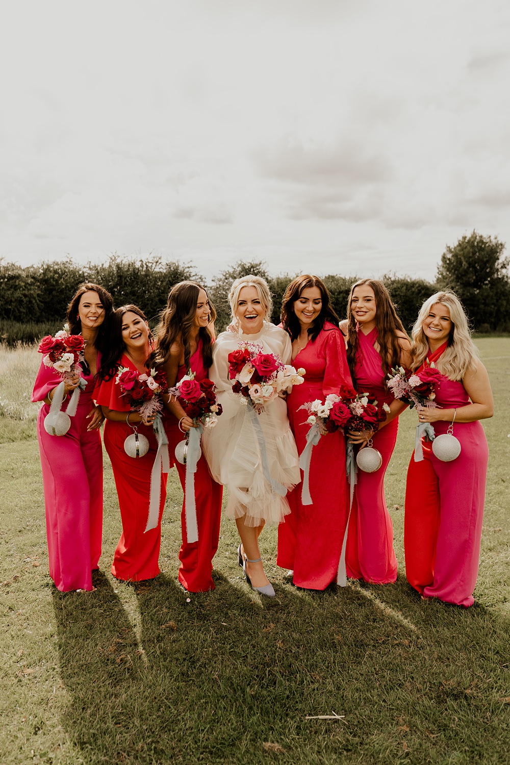 70s Disco Wedding Bubear Photography Bridesmaids Pink Red Dresses Jumpsuits