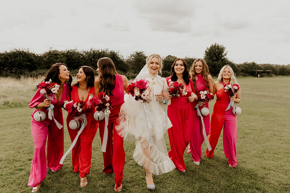 70s Disco Wedding Bubear Photography Bridesmaids Pink Red Dresses Jumpsuits