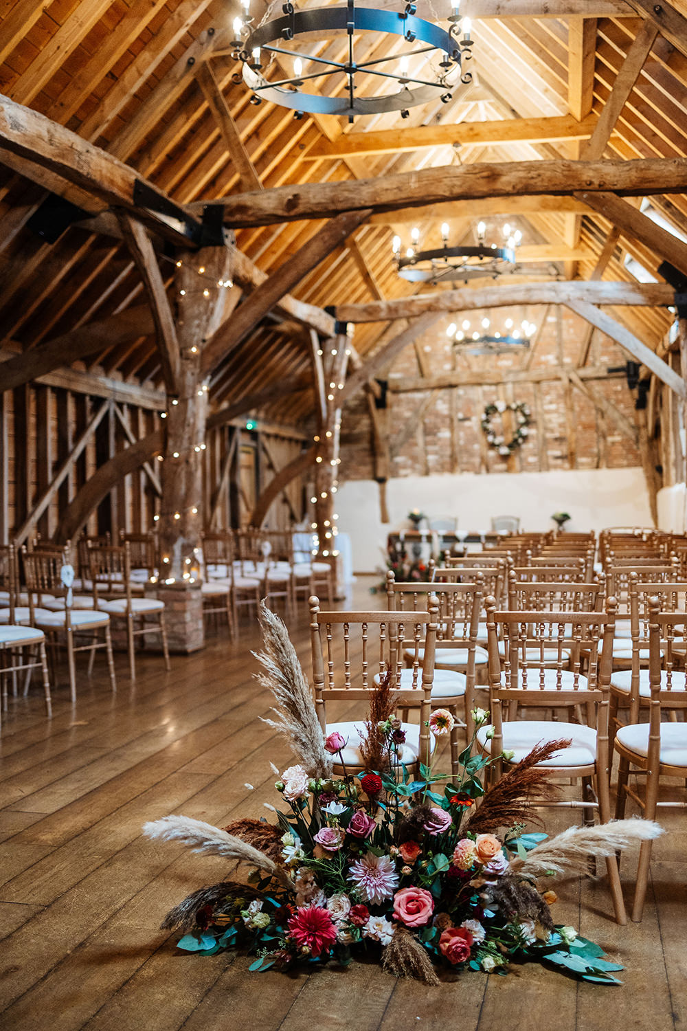 Bassmead Manor Barns Wedding Two-D Photography Ceremony Fairy Lights Flowers Pampas Grass