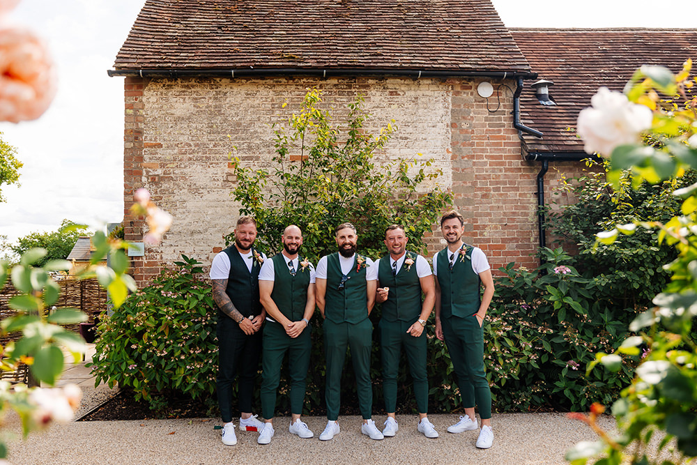 Bassmead Manor Barns Wedding Two-D Photography Groom Groomsmen Green Waistcoat Trousers Suit
