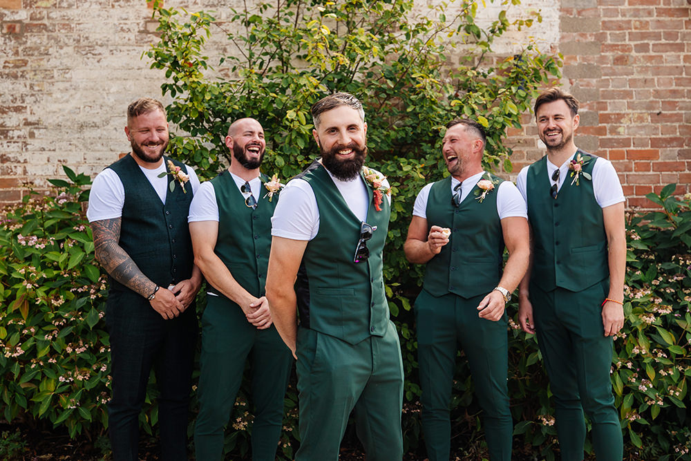 Bassmead Manor Barns Wedding Two-D Photography Groom Groomsmen Green Waistcoat Trousers Suit