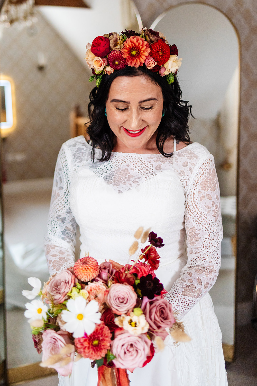 Bassmead Manor Barns Wedding Two-D Photography Colourful Pink Red Bouquet Flowers Ribbons Flower Crown Bride