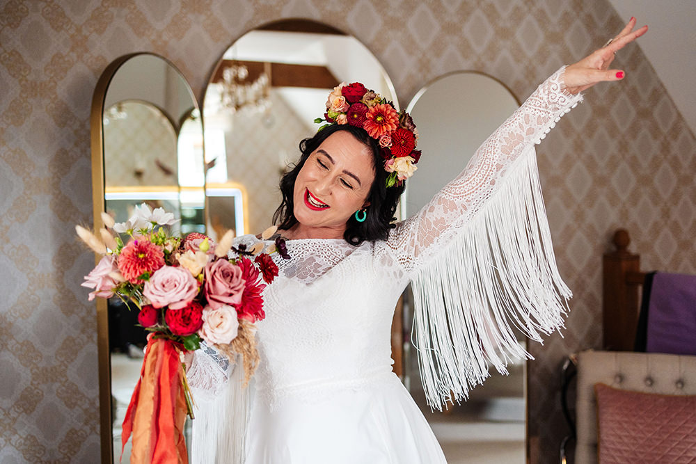 Bassmead Manor Barns Wedding Two-D Photography Bride Lace Long Sleeve Gown Tassels
