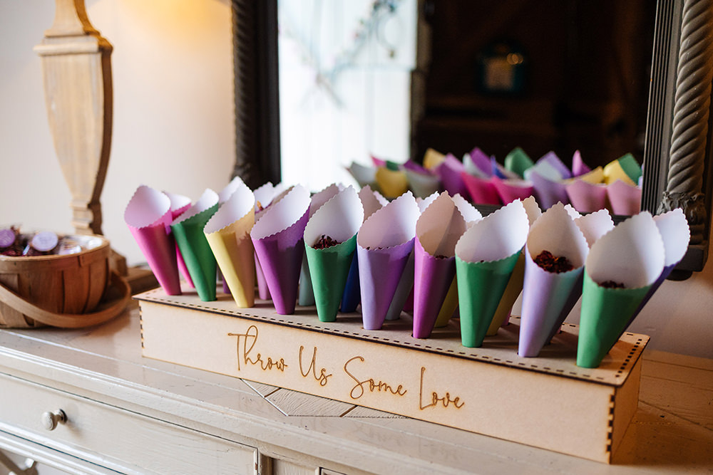 Bassmead Manor Barns Wedding Two-D Photography Colourful Confetti Cones