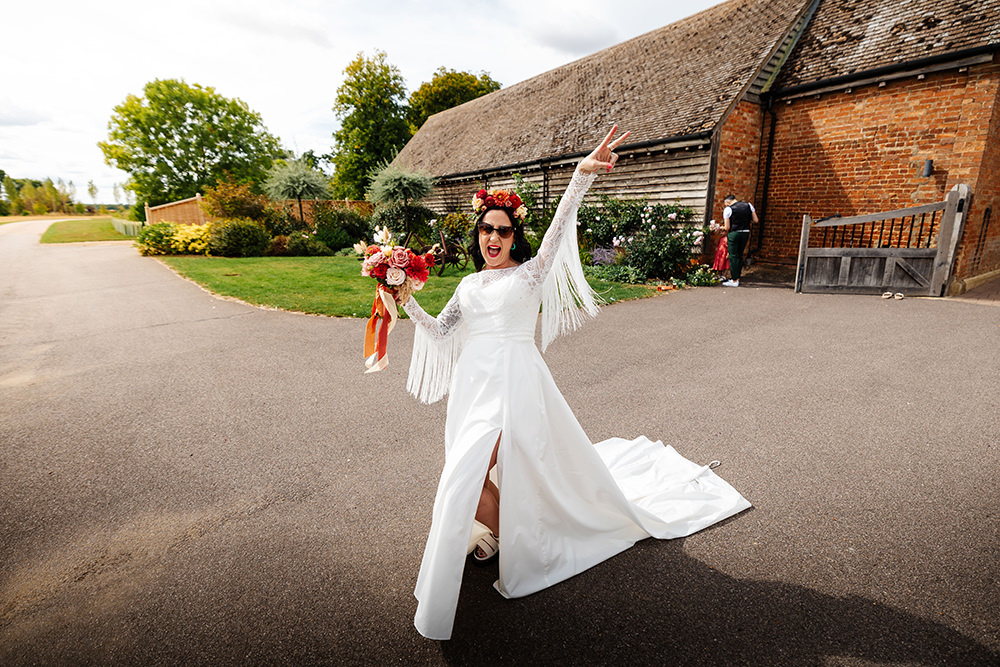 Bassmead Manor Barns Wedding Two-D Photography Bride Lace Long Sleeve Gown Tassels