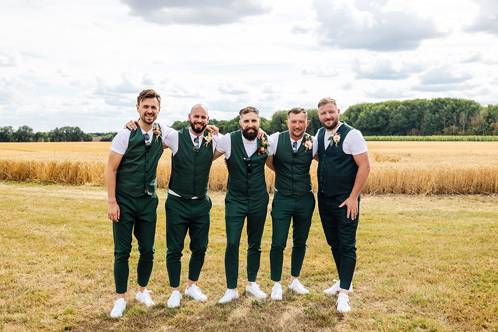 Bassmead Manor Barns Wedding Two-D Photography Groom Groomsmen Green Waistcoat Trousers Suit