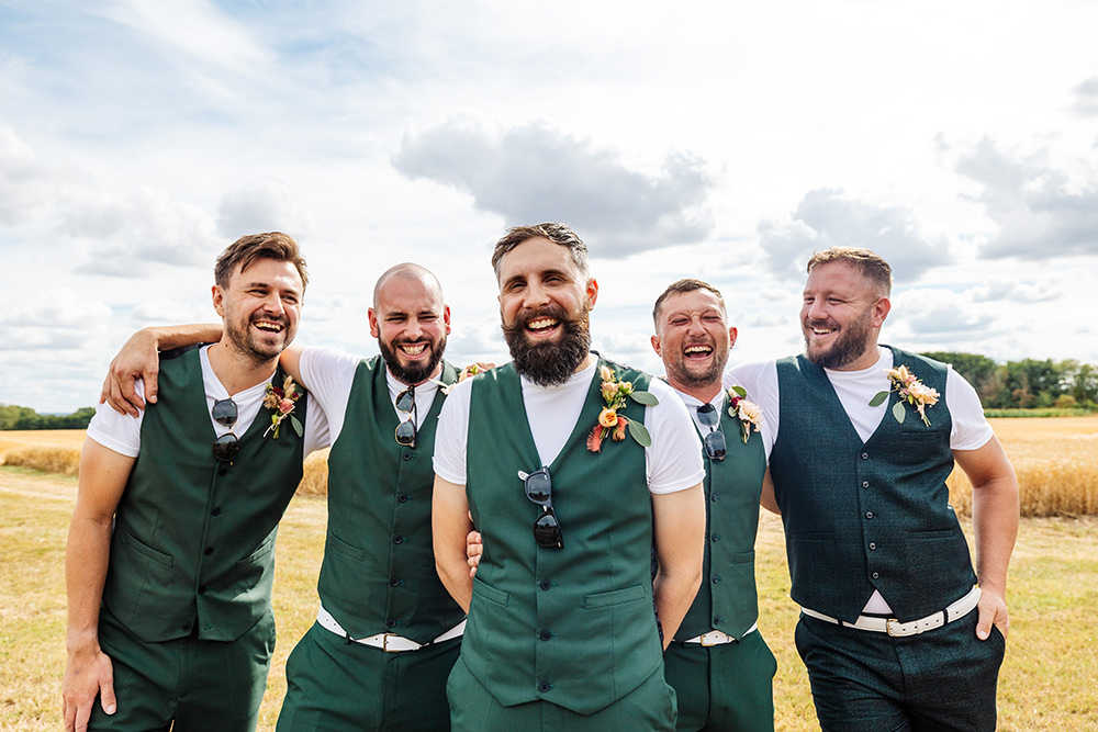 Bassmead Manor Barns Wedding Two-D Photography Groom Groomsmen Green Waistcoat Trousers Suit