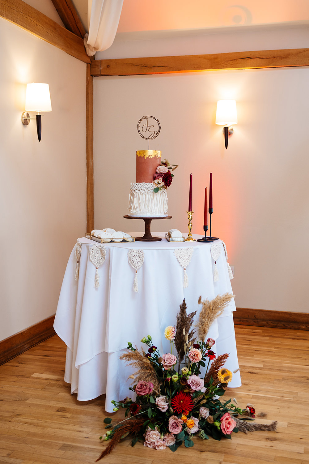 Bassmead Manor Barns Wedding Two-D Photography Cake Table Flowers Pampas Grass