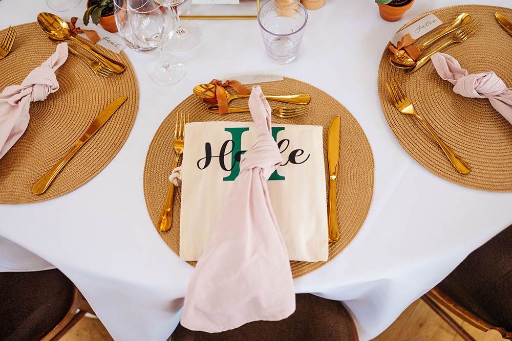 Bassmead Manor Barns Wedding Two-D Photography Place Setting Decor Gold Napkin