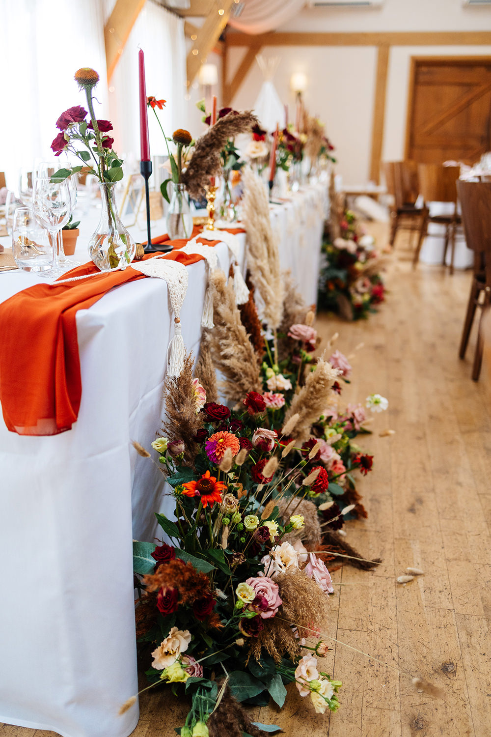Bassmead Manor Barns Wedding Two-D Photography Floor Flowers Top Table Pampas Grass