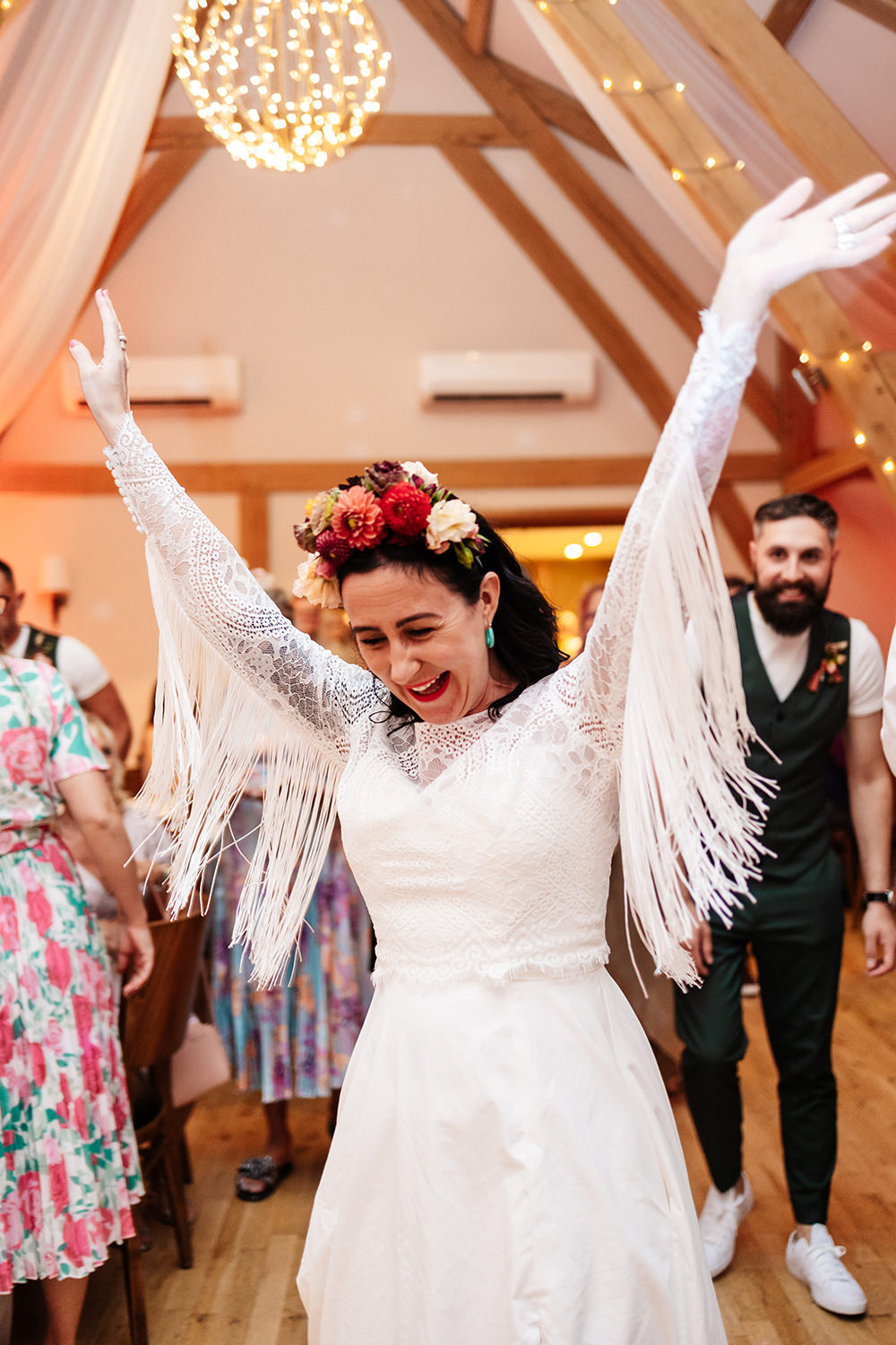 Bassmead Manor Barns Wedding Two-D Photography Bride Lace Long Sleeve Gown Tassels