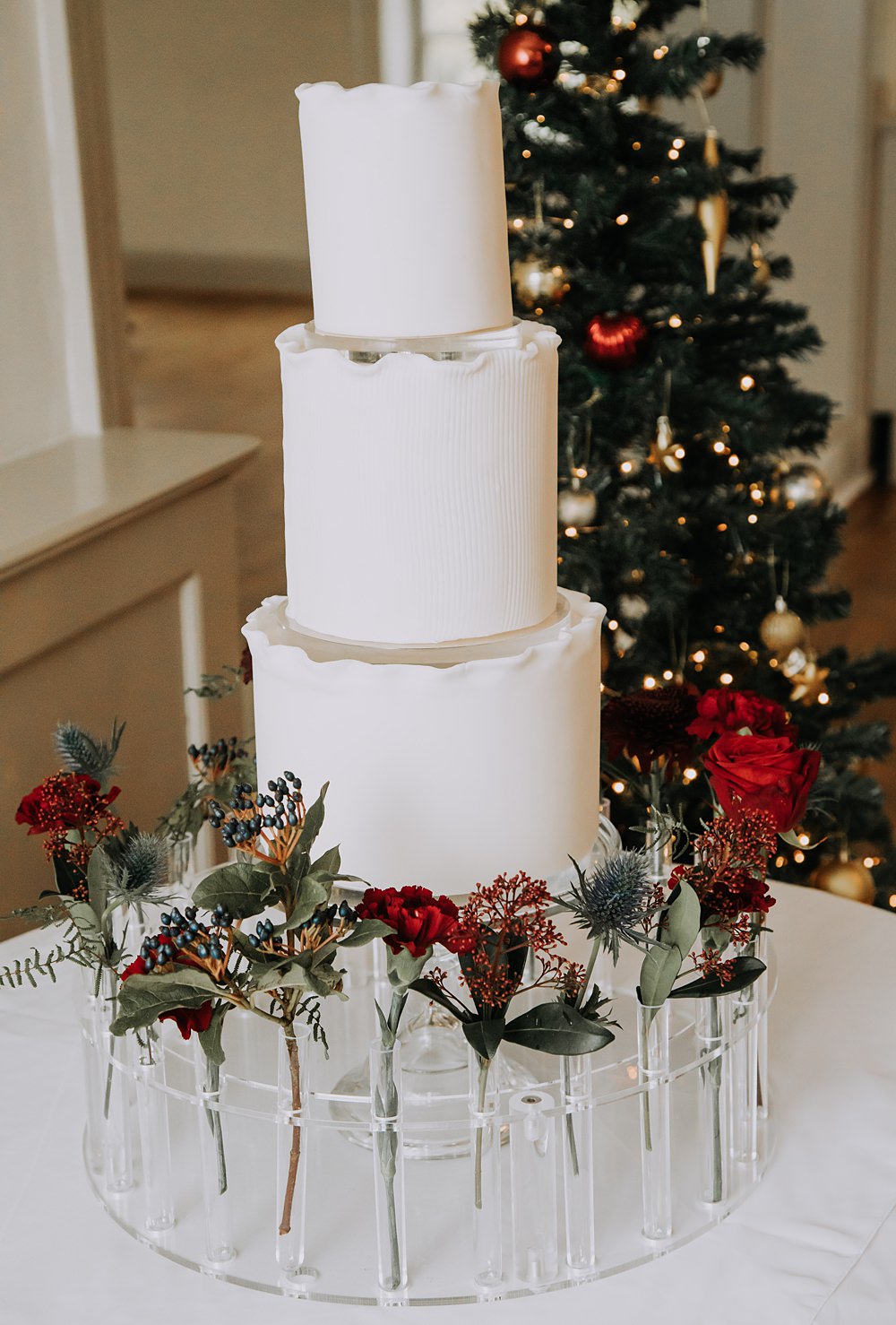 Burgundy Green Christmas Wedding Ideas Charly Mae Photography Iced White Cake 3 Tier Red Roses Test Tubes