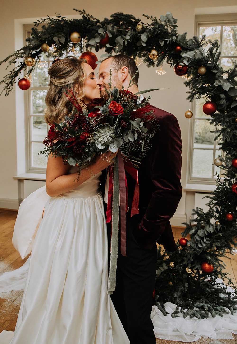 Burgundy Green Christmas Wedding Ideas Charly Mae Photography Crescent Moon Flower Arch Baubles Backdrop