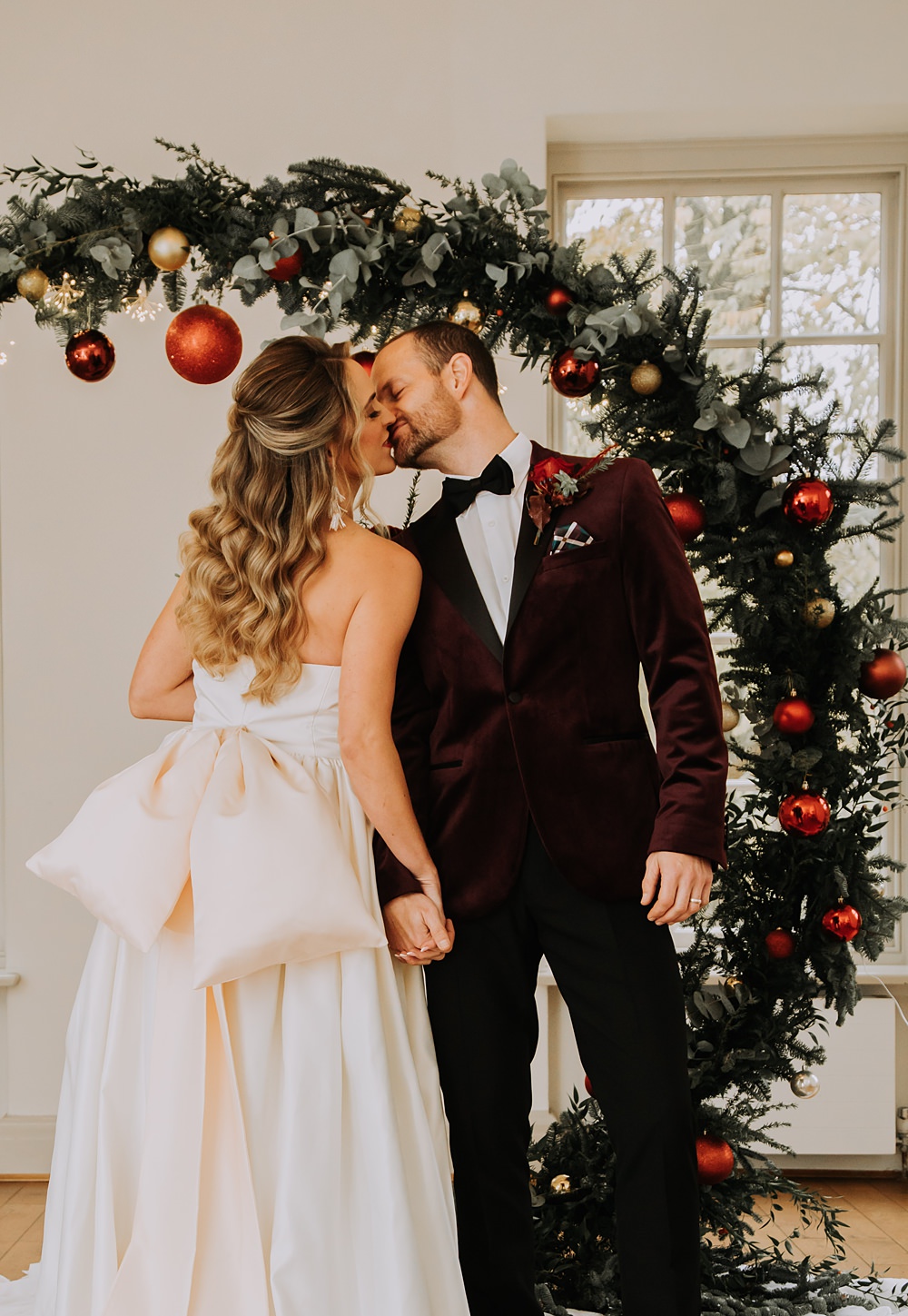 Burgundy Green Christmas Wedding Ideas Charly Mae Photography Bow Back Dress Bride