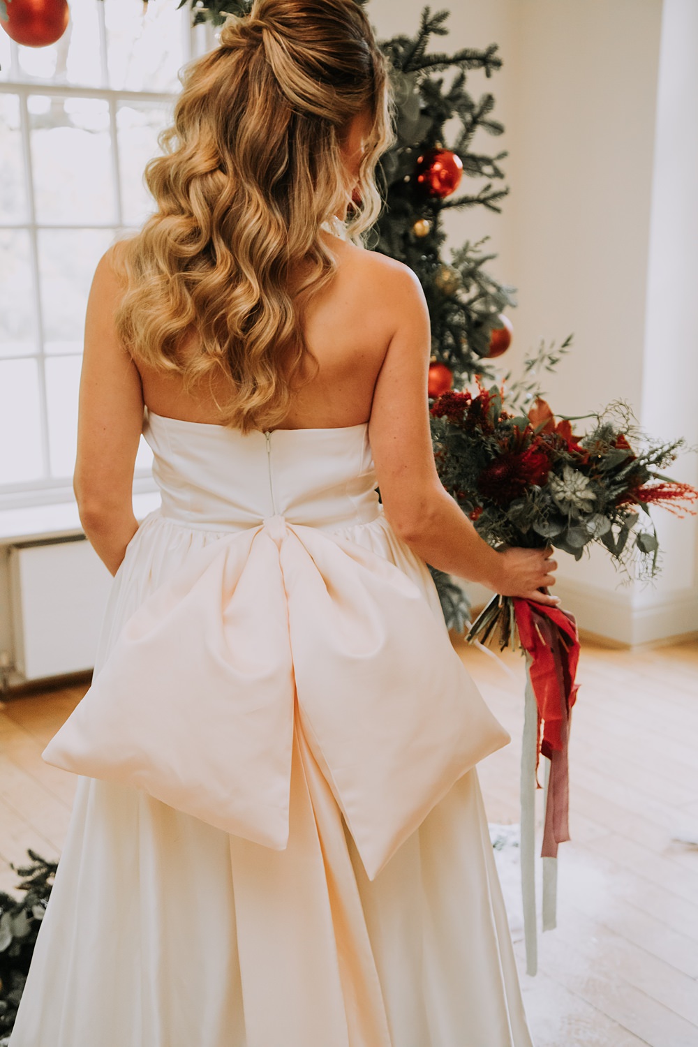 Burgundy Green Christmas Wedding Ideas Charly Mae Photography Bow Back Dress Bride