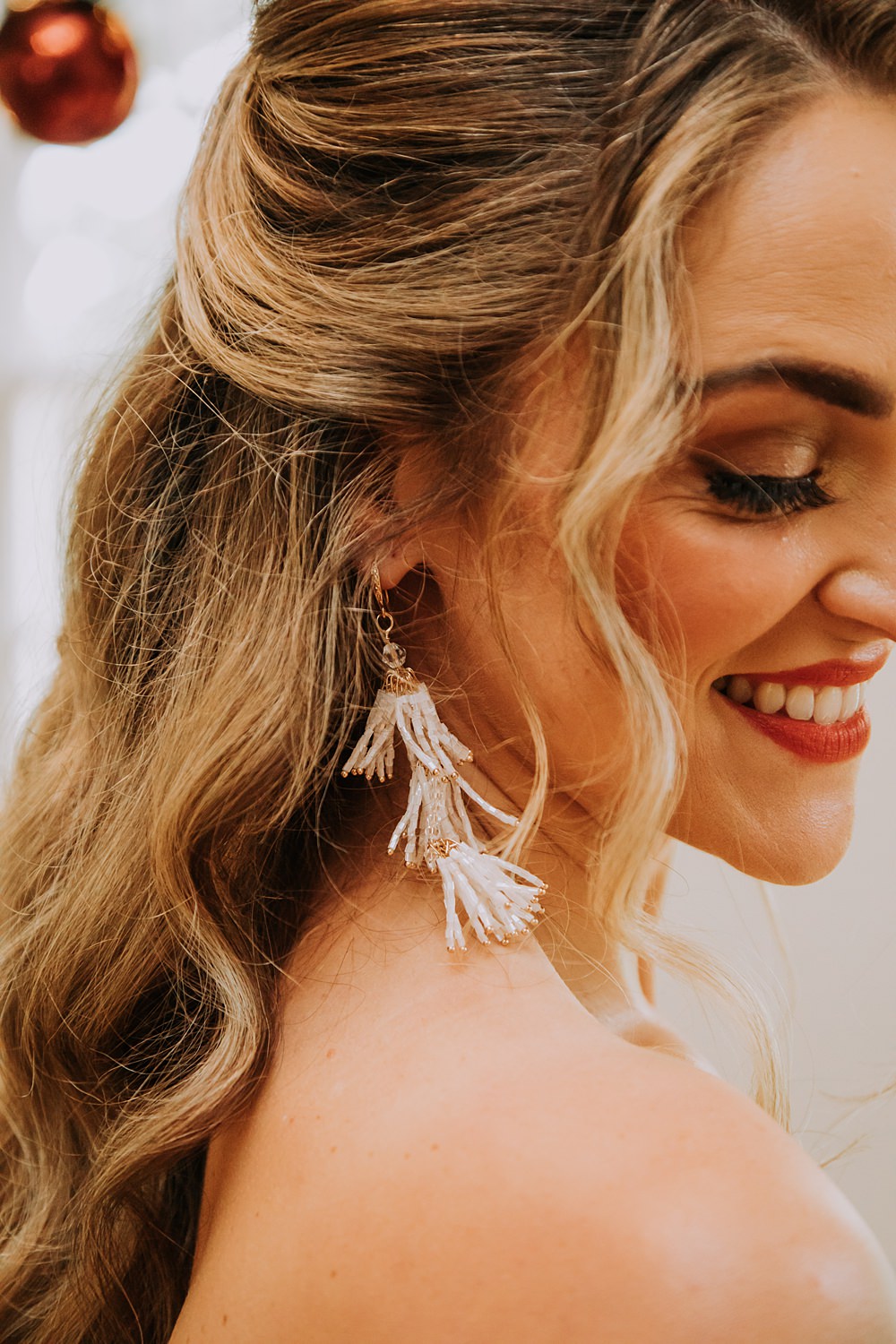 Burgundy Green Christmas Wedding Ideas Charly Mae Photography Bride Tassel Earrings