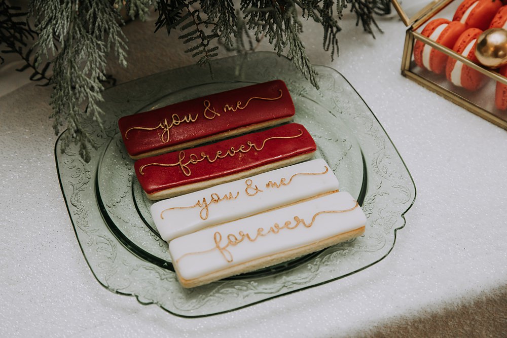 Burgundy Green Christmas Wedding Ideas Charly Mae Photography Iced Cookies Biscuits Red Gold White Personalised