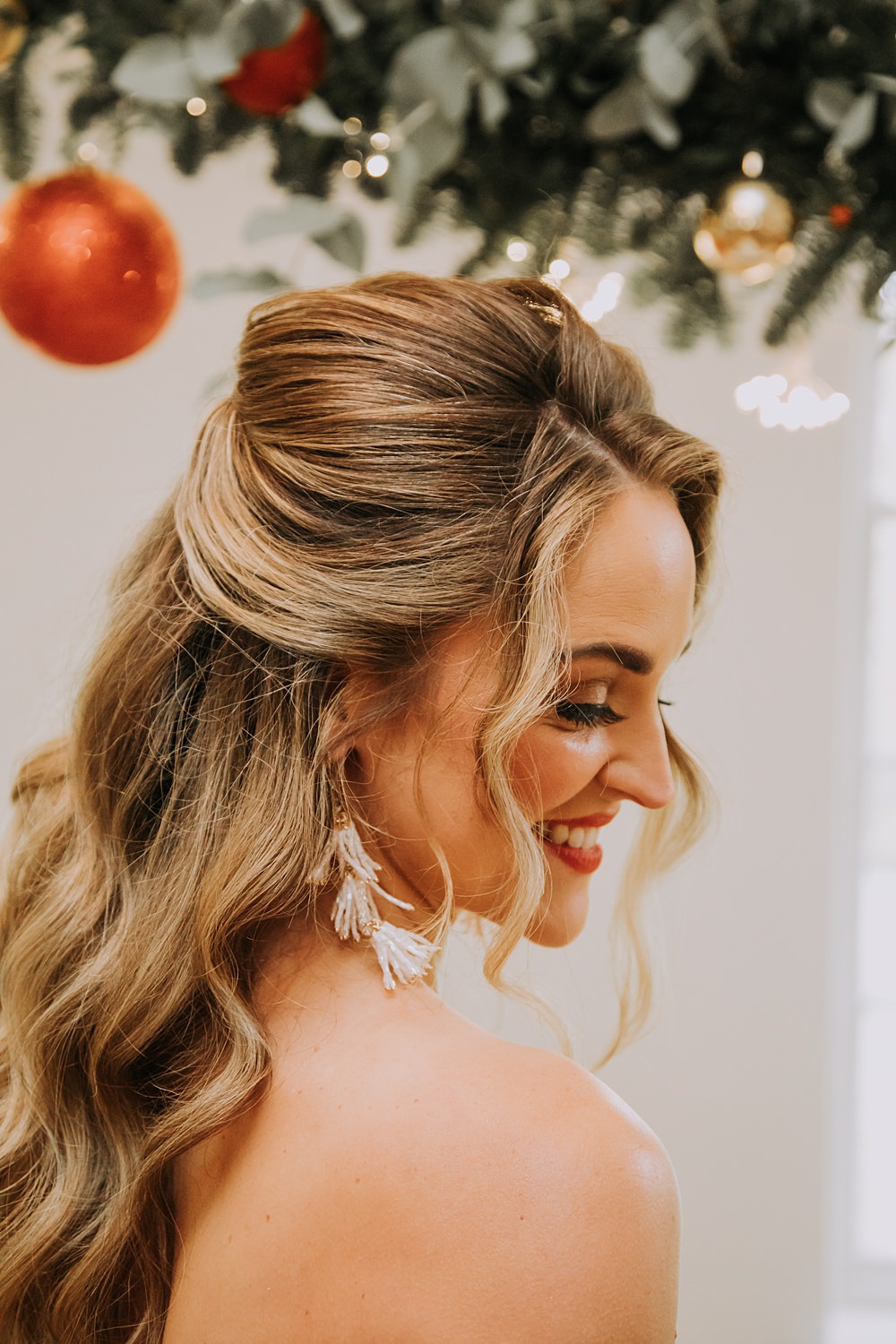 Burgundy Green Christmas Wedding Ideas Charly Mae Photography Bride Hairstyle Half Up Down