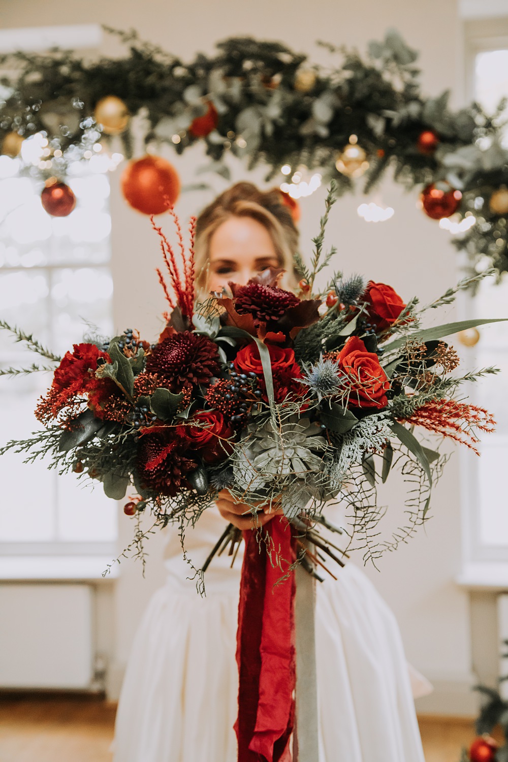 Burgundy Green Christmas Wedding Ideas Charly Mae Photography Red Rose Greenery Bouquet Bridal Ribbons Flowers