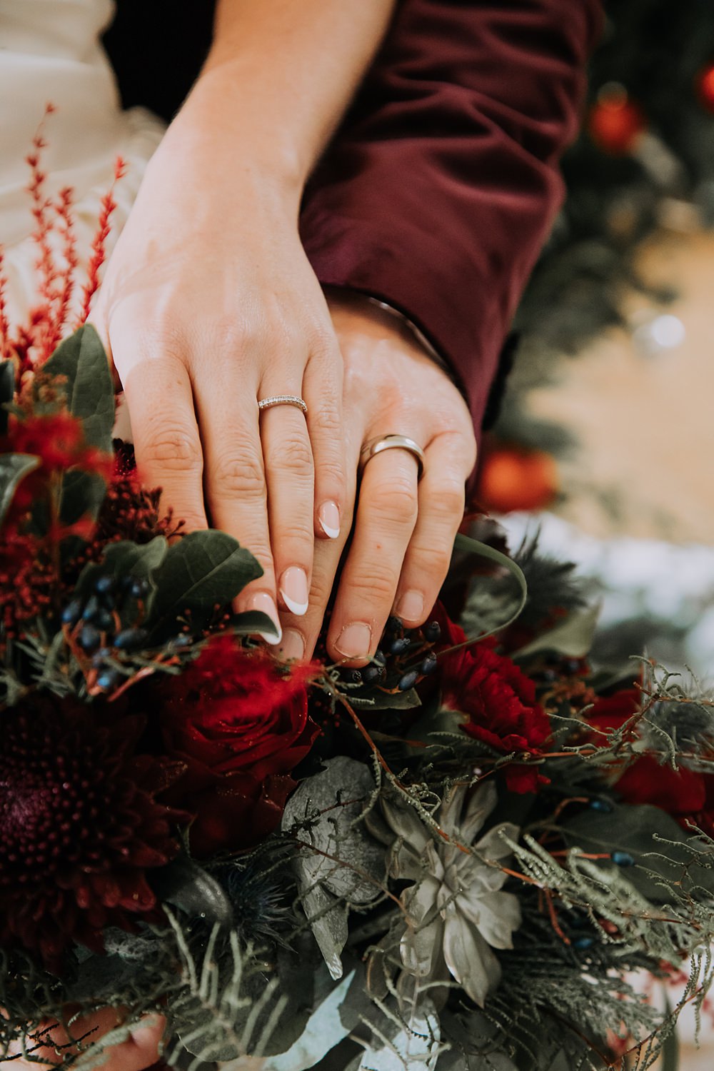 Burgundy Green Christmas Wedding Ideas Charly Mae Photography Nails Bride Groom Manicure Rings