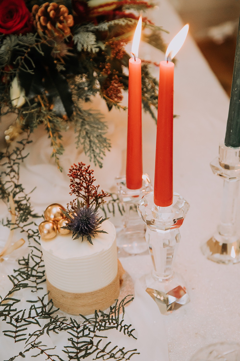 Burgundy Green Christmas Wedding Ideas Charly Mae Photography Table Setting Decor Garland Greenery Tall Candles Single Cake